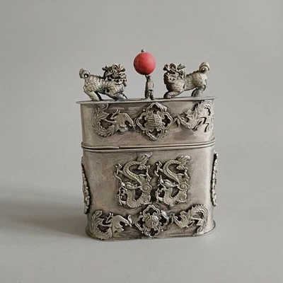 Caixa de palito de dente antiga chinesa tibetana prata esculpida à mão Dragon Phoenix 9049 - Imagem 1 de 4