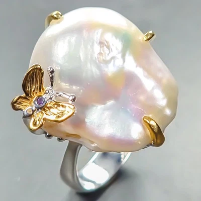 Кольцо ручной работы с натуральным барочным жемчугом серебро 925 пробы размер 8/R441203 - Изображение 1 из 4