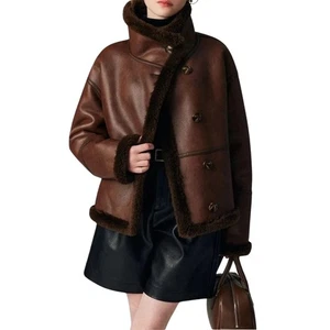 Women's Winter Genuine Leather Jacket Warm Fur Lining Short Coat Brown Sheepskin - Picture 1 of 5