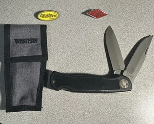 Coleman Western Pocket Knife 954 Stamped J Serrated Edge New W/ Sheath See Descr - Picture 1 of 12