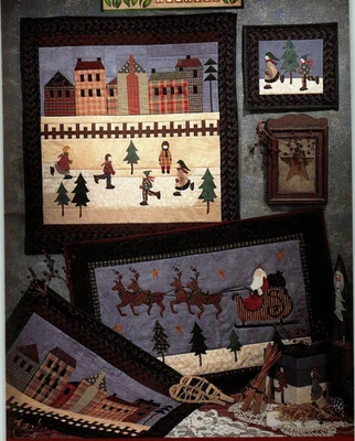 Winter Wonderland Wall Quilt Pattern Folk Art Country People Ice Skating Santa - Image 1 of 2