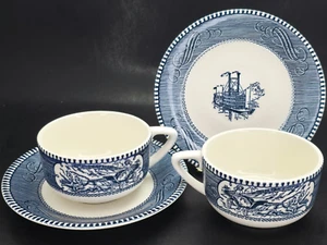 C1950 Currier & Ives Royal Blue Cup Saucer Star of Road Replacement Steamboat - Picture 1 of 14