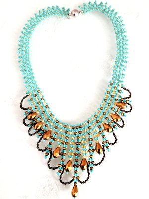 19 英寸捷克玻璃珠透明绿松石,金色,BRONZE Bib CHANDELIER 项链 — 第 1/2 张图片