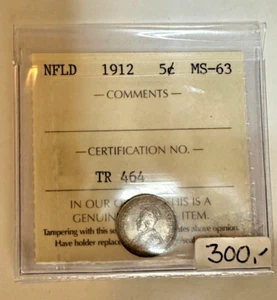 Newfoundland 1912 Silver 5 Cent Coin MS63 ICCS Certified - Bild 1 von 3