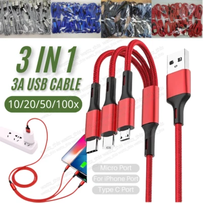 Lot 3A Fast USB Charging Cable Universal Multi-Function Phone 3in 1 Charger Cord - Image 1 of 4