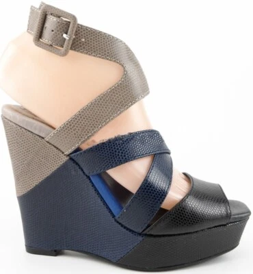 $250 JUICY COUTURE MELANIE Black Blue Marte Leather Designer Platform Wedges 6.5 - Image 1 of 4