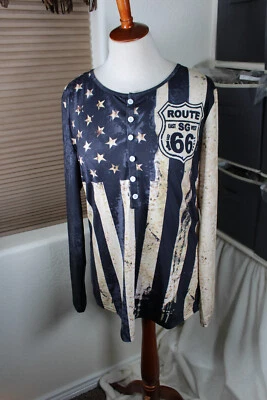Route 66 Mens Shirt Large USA Flag Blue Brown Button Henley Easy Care - Image 1 of 4