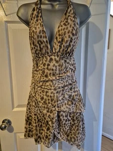 BNWOT New Ladies Gorgeous Leopard Print Halterneck Mini Dress Label Small Size 8 - Picture 1 of 3