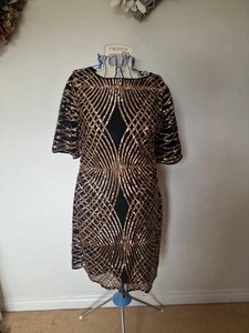 Black & Gold Sequin Embellish Knee Length Cocktail Party Dress Size 12/14 - Picture 1 of 2