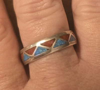 Vintage Native American Sterling Silver Coral & Turquoise Ring Band Sz 13 - Image 1 of 4