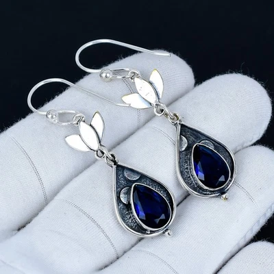 Zaffiro Blu Creato IN Laboratorio Gemma Orecchini 925 Argento Gioielli Per Gift - Immagine 1 di 4