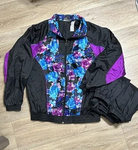 Vintage Basic Editions Womens Nylon Track Suit Jacket & Pants Size M Floral - Picture 1 of 17