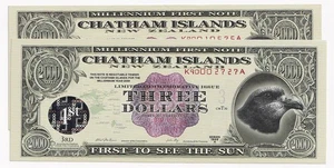 2000 Chatham Islands $3 Fantasy Note-UNC x 2 - Picture 1 of 2