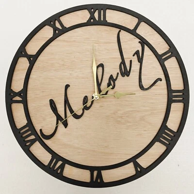 black personalised laser cut wood wooden wall clock door name word number letter - Image 1 of 4