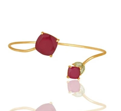 Gold Single Layer Band Cuff Bangles Peridot & Ruby Fashion Jewelry For Wedding - Image 1 of 4