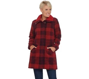 Denim & Co. Plaid Print Sherpa Lined Fleece Zip & Snap Front Coat, Red, Large - Picture 1 of 1