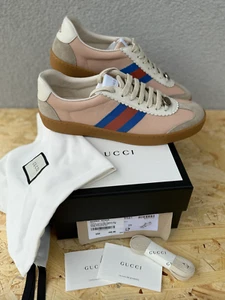 Gucci G74 Web Leather And Suede Pink Oatmeal Casual Sneakers Women Size UK6 EU39 - Picture 1 of 19