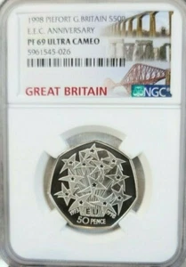 1998 GREAT BRITAIN SILVER 50 PENCE PIEFORT E.E.C. ANNIV NGC PF 69 ULTRA CAMEO ! - Picture 1 of 4