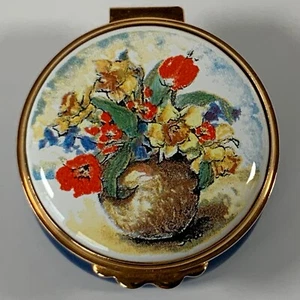 Kingsley Enamels Trinket Box Flowers Vase Round Pillbox Hand Painted England - Picture 1 of 8