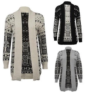 Women's Ladies Owl Print Knitted Long Sleeve Jumper Open Cardigan Plus Size 8-26 - Picture 1 of 4