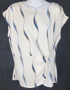 Alfani Top Blouse L Ivory Geometric Ruched Cap sleeve gathered Knot side Career - Picture 1 of 5