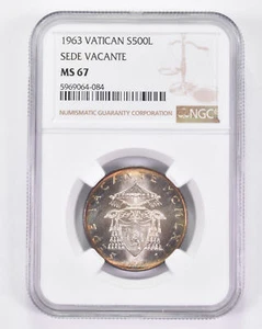 MS67 1963 Vatican 500 Lire Silver - Sede Vacante - Graded NGC Toned! *8983 - Picture 1 of 3