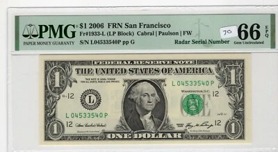 $1 2006 FRN Fr# 1933-L LP Block PMG UNC 66 EPQ San Francisco Radar Serial - Image 1 of 2
