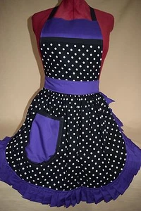 RETRO VINTAGE 50s STYLE FULL APRON / PINNY - BLACK & WHITE SPOT with PURPLE TRIM - Picture 1 of 4