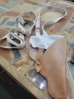 Tan Natural Leather Shoulder Holster III/C & White Straps for a Small Semi-Auto - Image 1 of 4