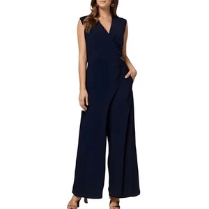 Adrianna Papell Womens Blue Wide Leg Shawl Collar Jumpsuit Plus 22W BHFO 8200 - Picture 1 of 1