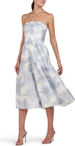 New Kay Unger Cassie Metallic Strapless Midi Dress In White Blue Sz 10 $398 - Picture 1 of 11