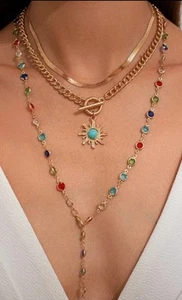 Stunning Colorful Crystal Long Chain Turquoise Sun Pendant gold plated Necklace - Picture 1 of 7