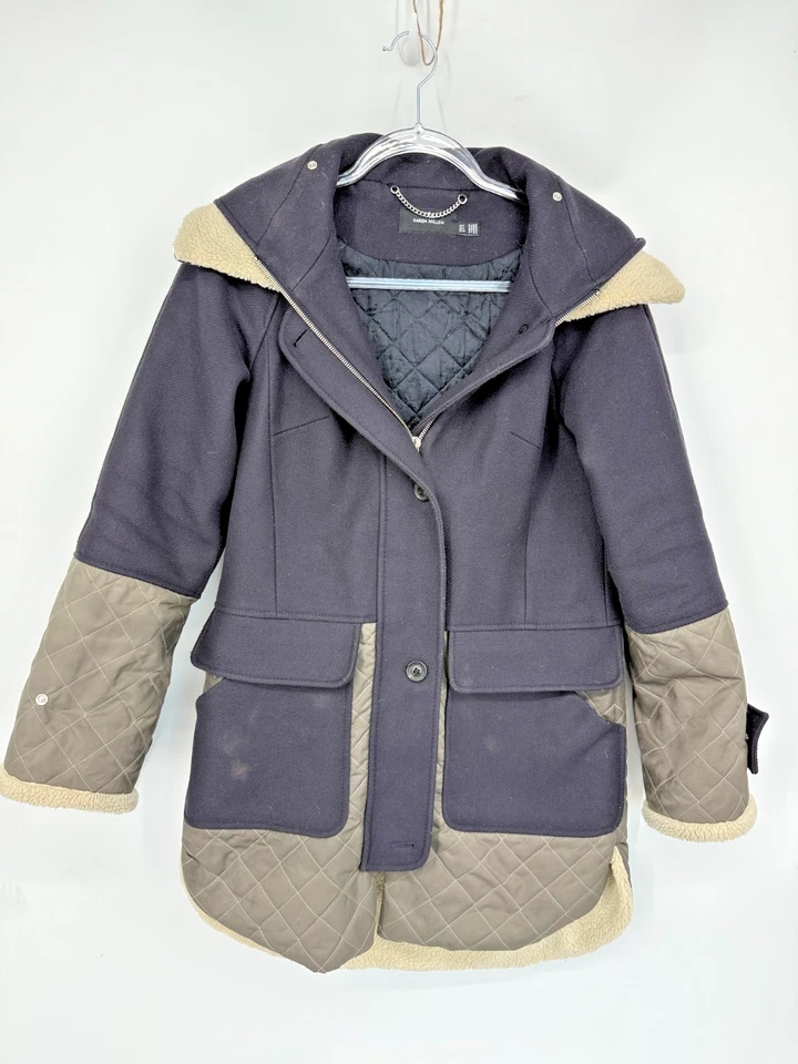 Abrigo acolchado Karen Millen mezcla de lana para mujer talla 4 con capucha cremallera completa invierno acogedor Foto 1 de 4