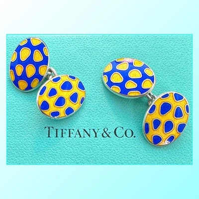 TIFFANY & Co Sterling Silver 925 Blue & Yellow Oval Enamel Cufflinks Vintage - Image 1 of 4