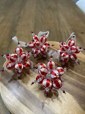 4 Vintage Handmade Push Pin Beaded Satin Red/White Christmas Ornament Lot MCM