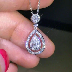 3 Ct Round Cut Simulated Diamond Drop Shape Pendant 14K White Gold Plated - Picture 1 of 3
