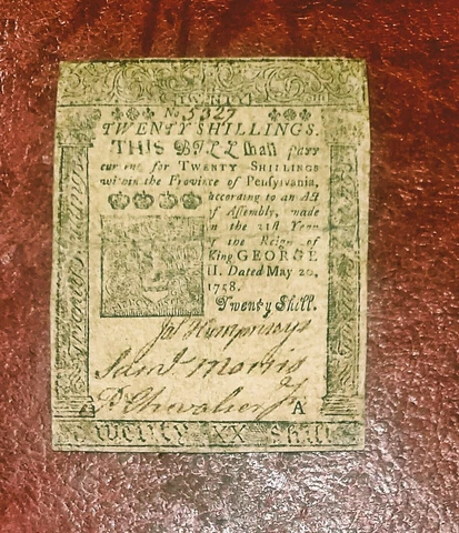 1758 PENNSYLVANIA COLONIAL 20 SHILLINGS ~ PRINTED BY BEN FRANKLIN ~ VERY FINE + Cover