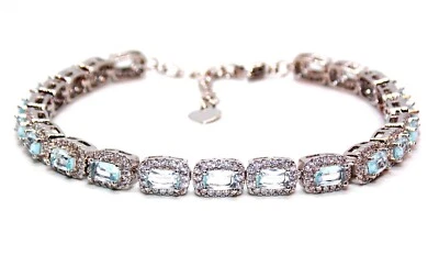 Brazalete Tenis Ajustable Plata Aguamarina y Diamante Corte Esmeralda 14.86ct Foto 1 de 4