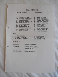 Teamsheet Crystal Palace v Lincoln city FA cup 3rd rd 8.1.1995 - Picture 1 of 1