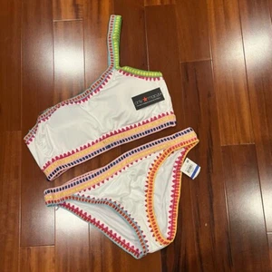 New NWT Bar III Crochet White Bikini Swim Two Piece Set One-Shoulder Multi Sz XL - Picture 1 of 6