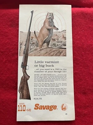 Rifle de acción vintage 1960 impreso anuncio Savage Stevens 110 MC mano derecha o izquierda Foto 1 de 4