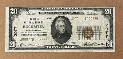 U.S. (Rochester, PA) - Series of 1929 $20.00 National Currency Banknote - Image 1 of 2