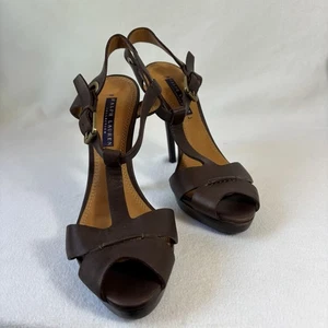Ralph Lauren Purple Label 8.5B Brown Heels Open Toe Bucket Leather Collection - Picture 1 of 23