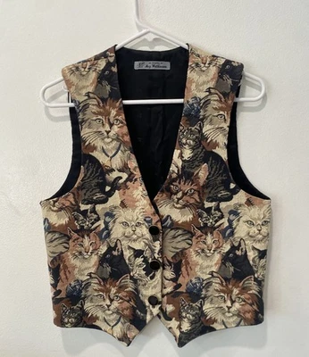 Colete de tapeçaria vintage anos 80 e 90 gato grunge coquete caprichoso fofo tamanho M - Imagem 1 de 4