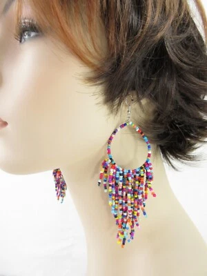 Beaded Tassel Earrings Hippie Fringe Boho Festival Ethnic Colorful Retro 70s NEW - Image 1 of 4