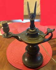 Antique, Brass Egyptian Style Genie Winged Sphinx Lamp, Marble Base 15”+