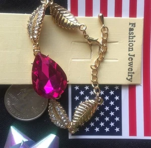 14K White Gold Filled Austrian Crystal Pink Drop Bracelet Bangle women's Gift Je - Picture 1 of 4