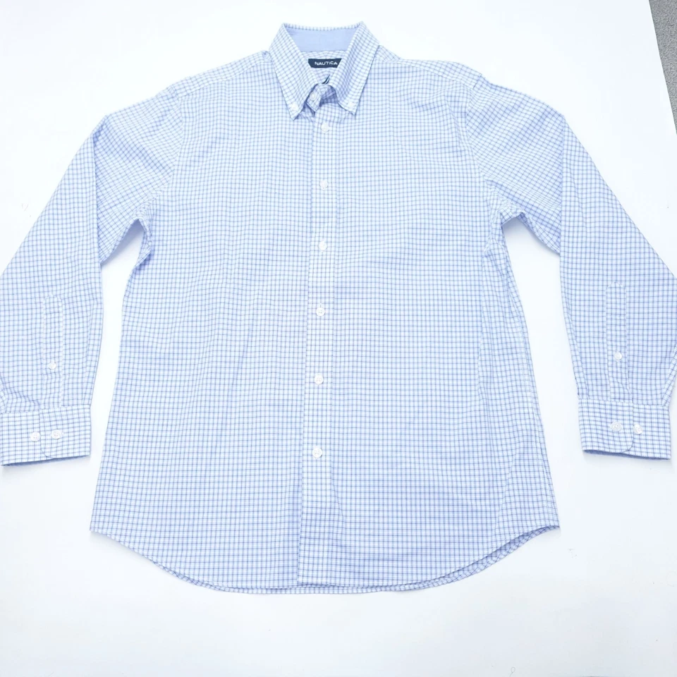 Nautica Dress Shirt Men's 15.5 Blue White Plaid Logo Long Sleeve Business Formal - Image 1 of 4