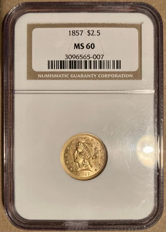 1857 NGC MS60 Liberty Head Gold Quarter Eagle $2.50 Cover
