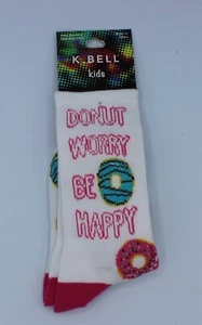 K. Bell Kids Crew Socks Donuts Worry Be Happy Size 11-4 White and Pink - Picture 1 of 1